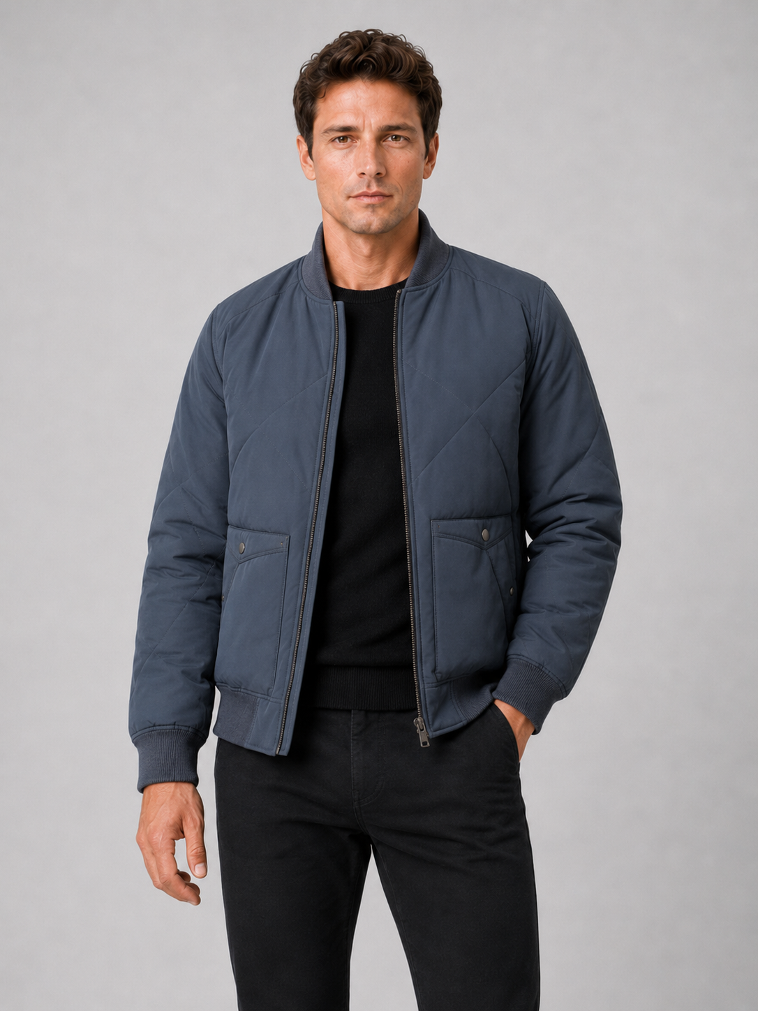 Men's baseball jacket – Blue front view – Edward & Lawsen