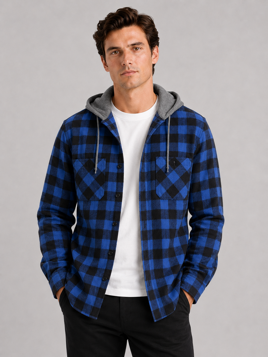 Men's plaid flannel jacket – Blue front view – Edward & Lawsen