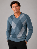 Men's plaid V-neck sweater – Blue front view – Edward & Lawsen