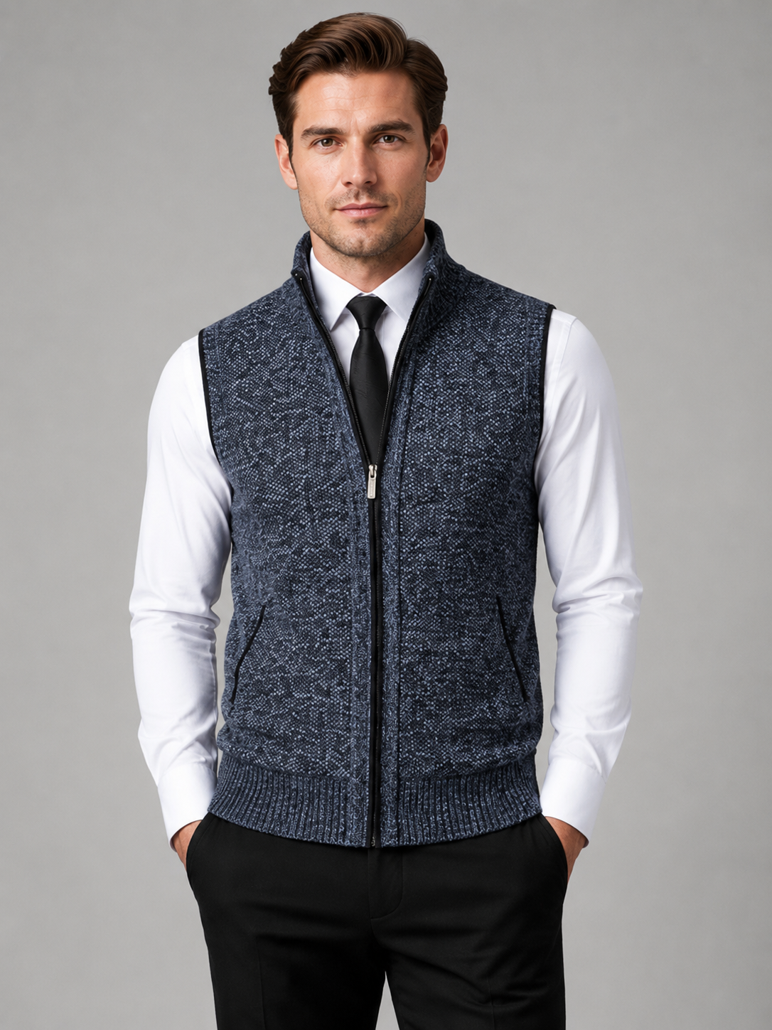 Men's full zip stand collar vest – Blue front view – Edward & Lawsen