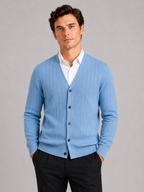 Men's V-neck cardigan – Blue front view – Edward & Lawsen