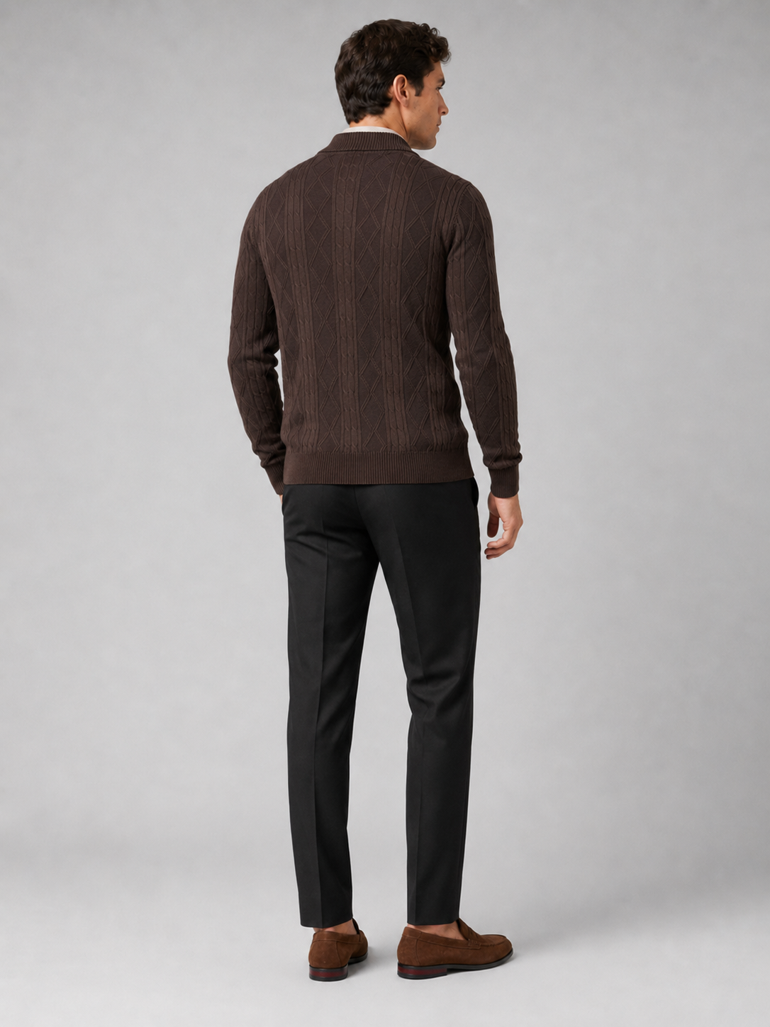 Men's argyle cable knit cardigan – Brown back view – Edward & Lawsen