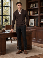 Men's argyle cable knit cardigan – Brown lifestyle view – Edward & Lawsen