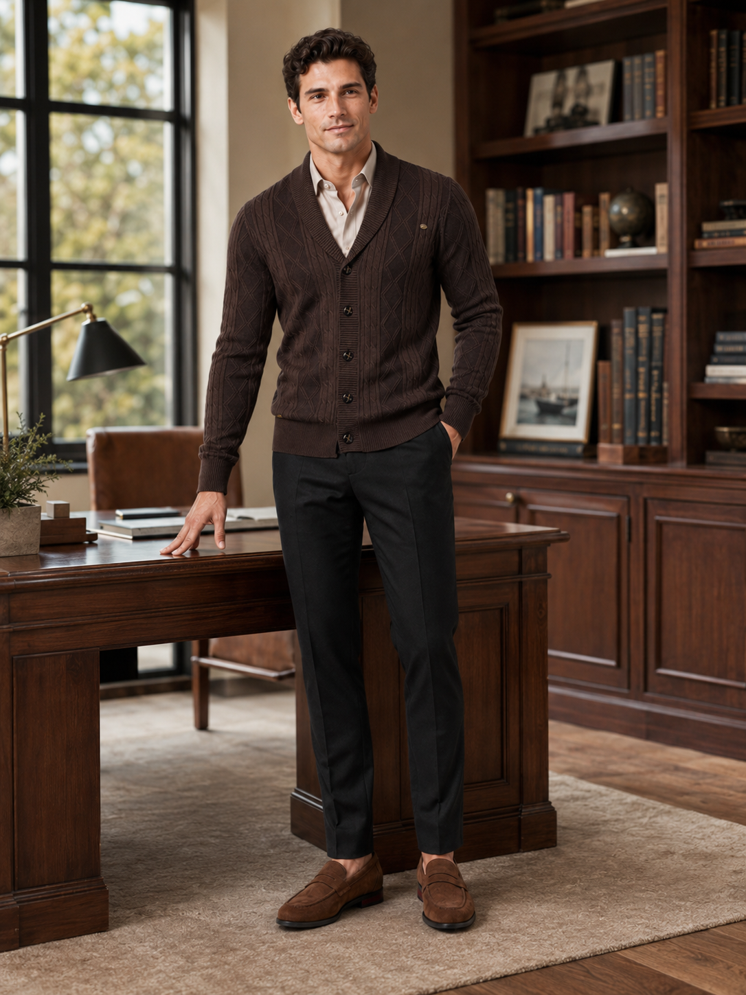 Men's argyle cable knit cardigan – Brown lifestyle view – Edward & Lawsen