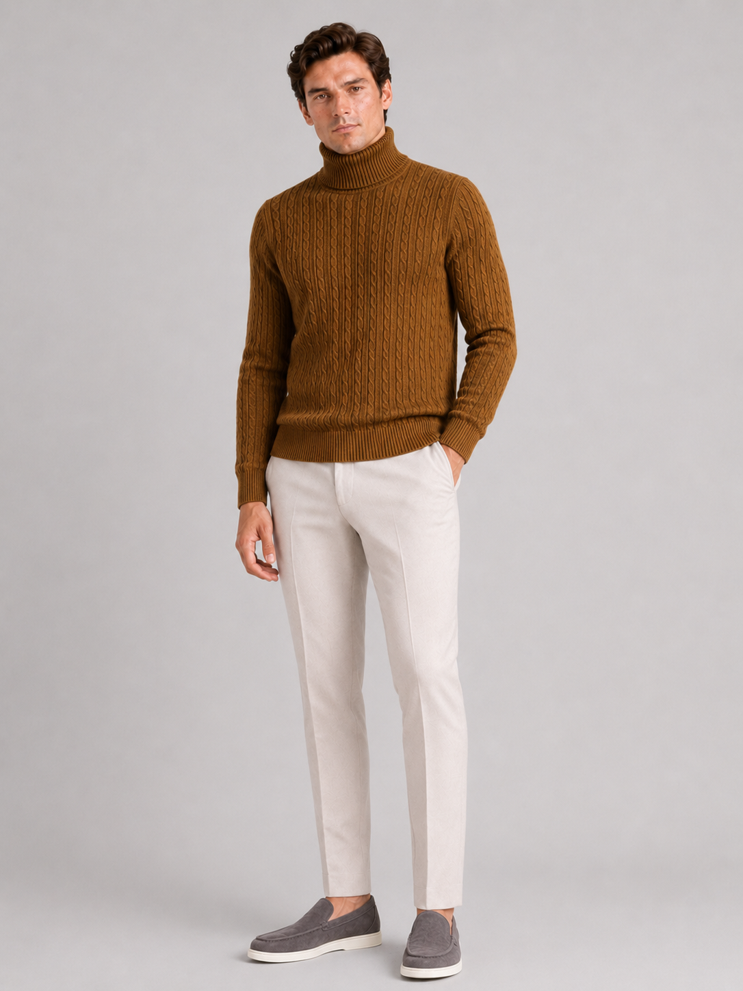 Men's cable knit turtleneck sweater – Brown full view – Edward & Lawsen