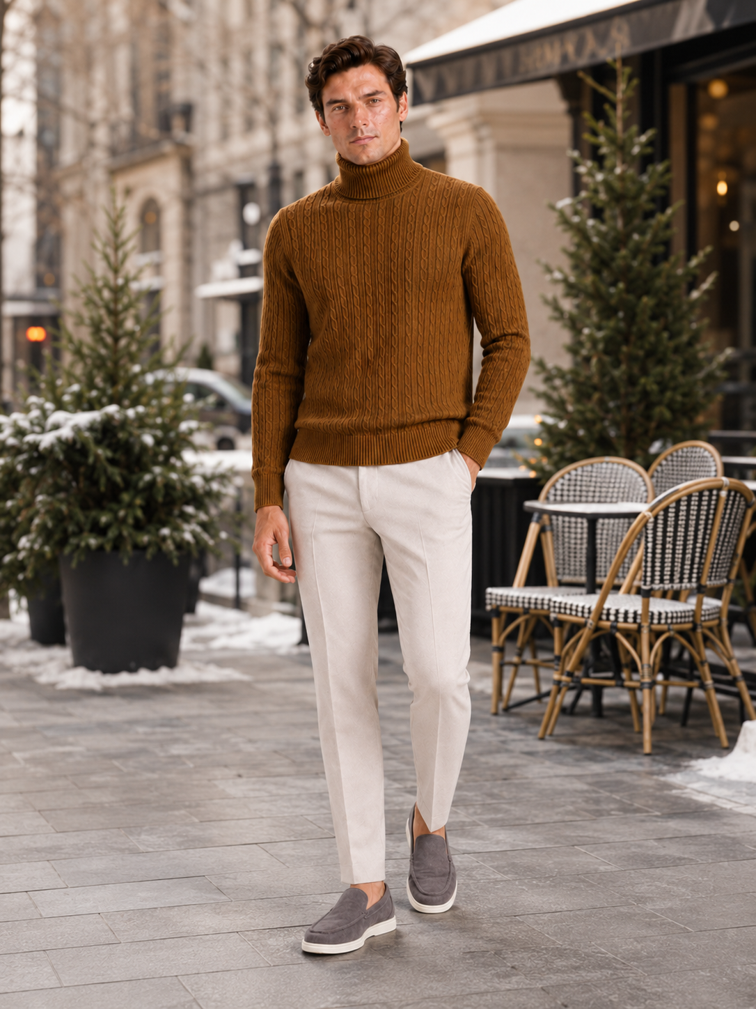 Men's cable knit turtleneck sweater – Brown lifestyle view – Edward & Lawsen