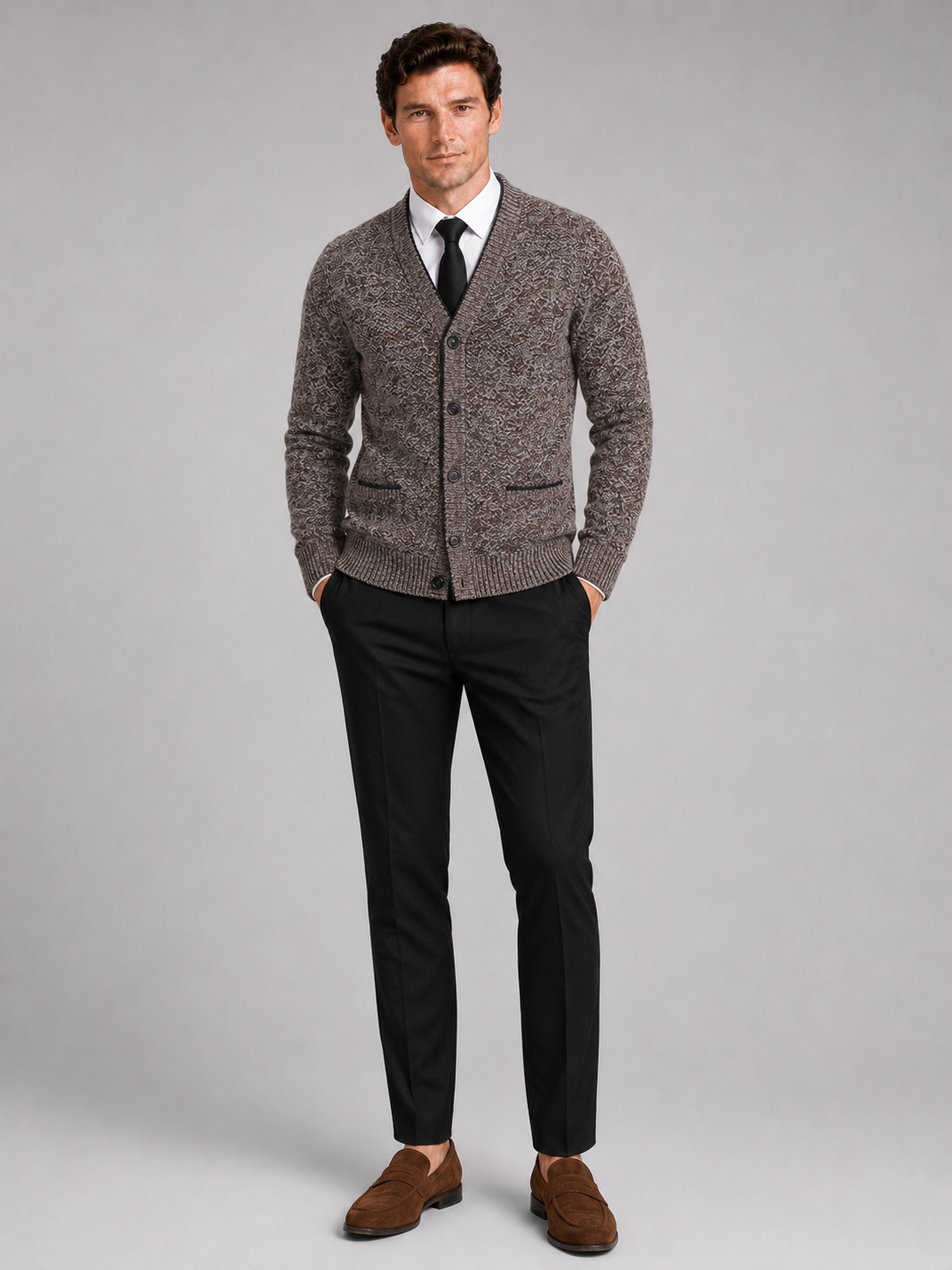 Men's V-neck cardigan – Brown full view – Edward & Lawsen