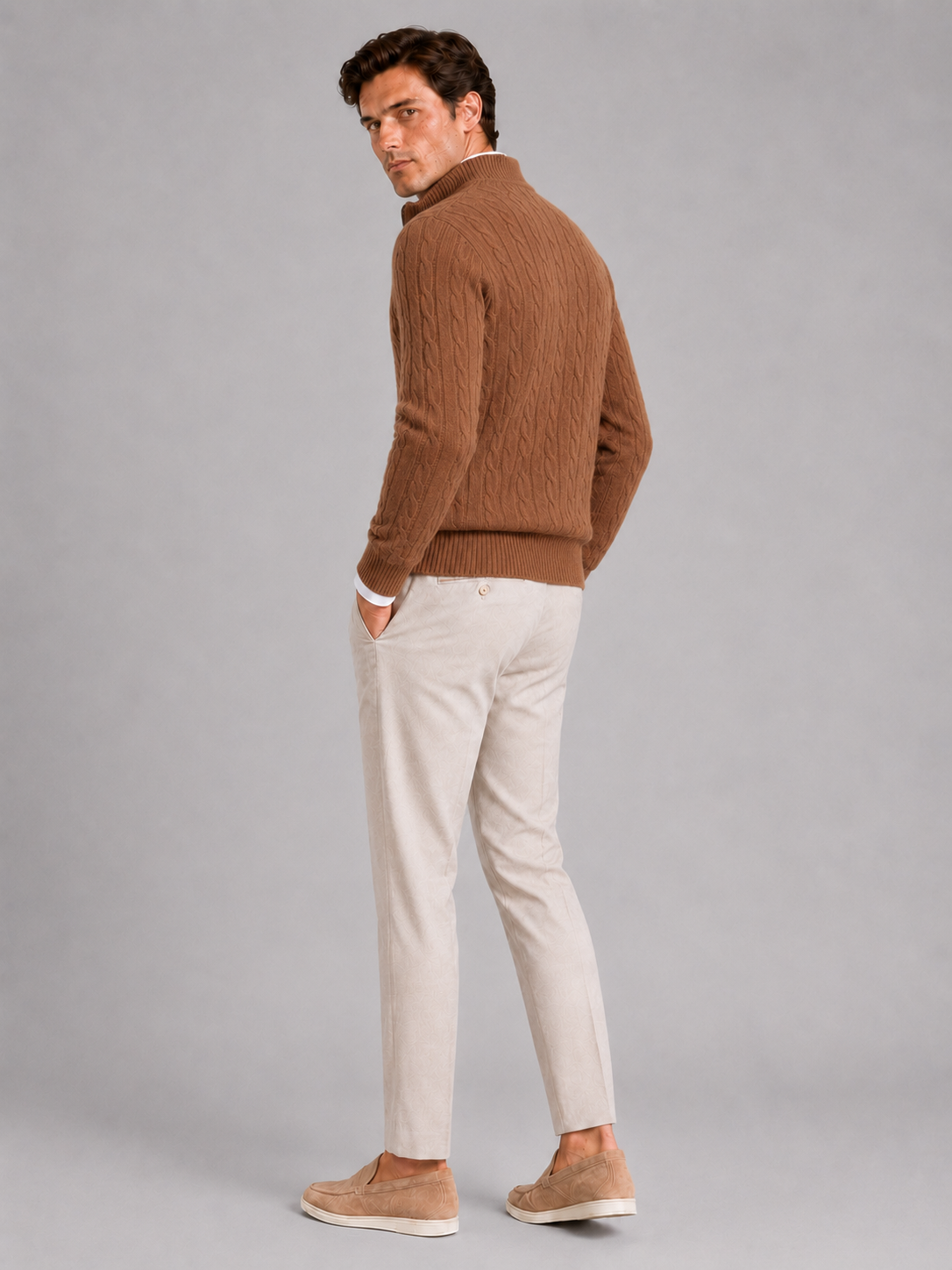 Men's cashmere quarter-zip mock neck sweater – Brown back view – Edward & Lawsen