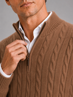 Men's cashmere quarter-zip mock neck sweater – Brown detail view – Edward & Lawsen