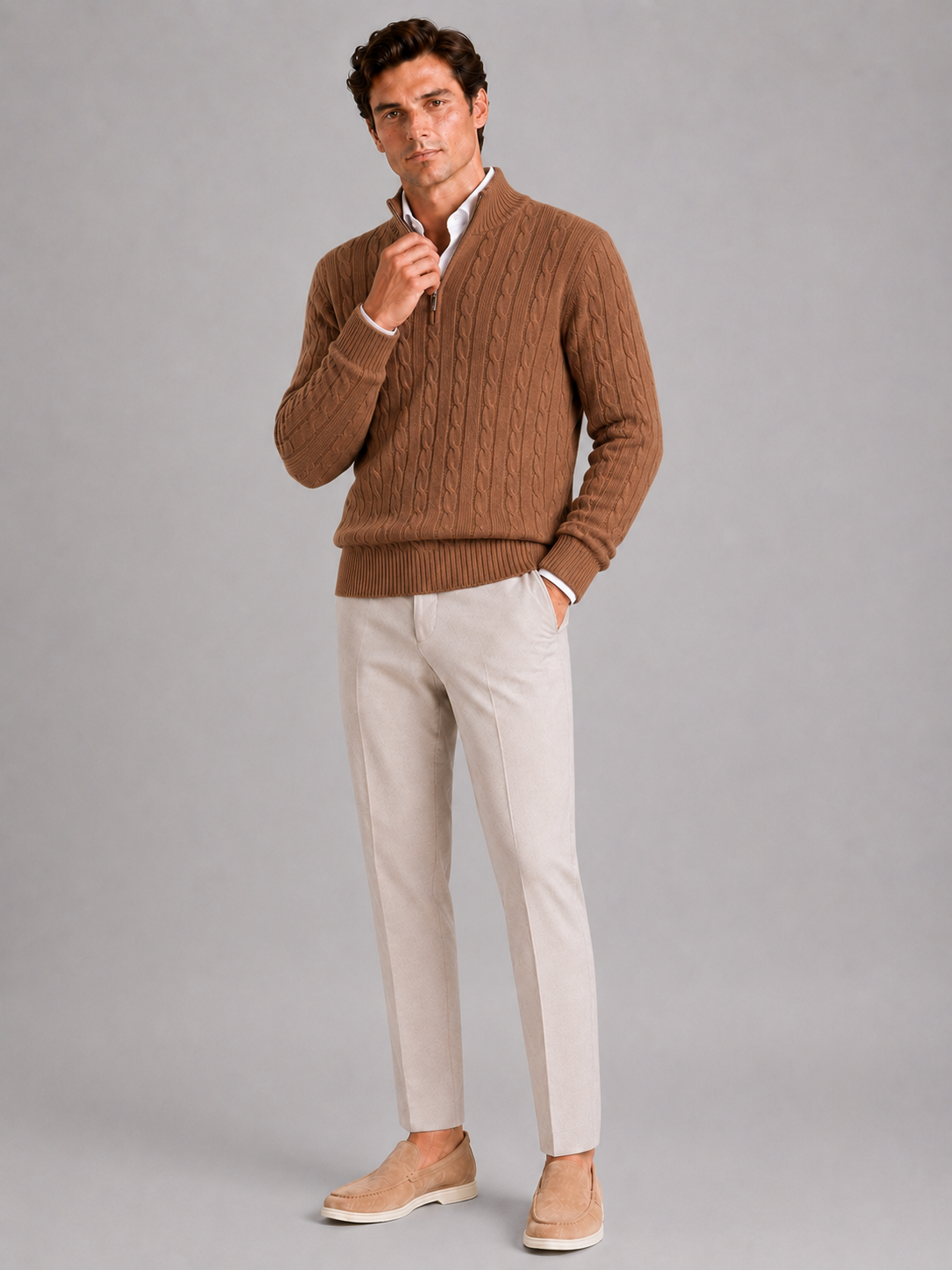 Men's cashmere quarter-zip mock neck sweater – Brown full view – Edward & Lawsen