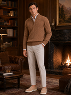 Men's cashmere quarter-zip mock neck sweater – Brown lifestyle view – Edward & Lawsen