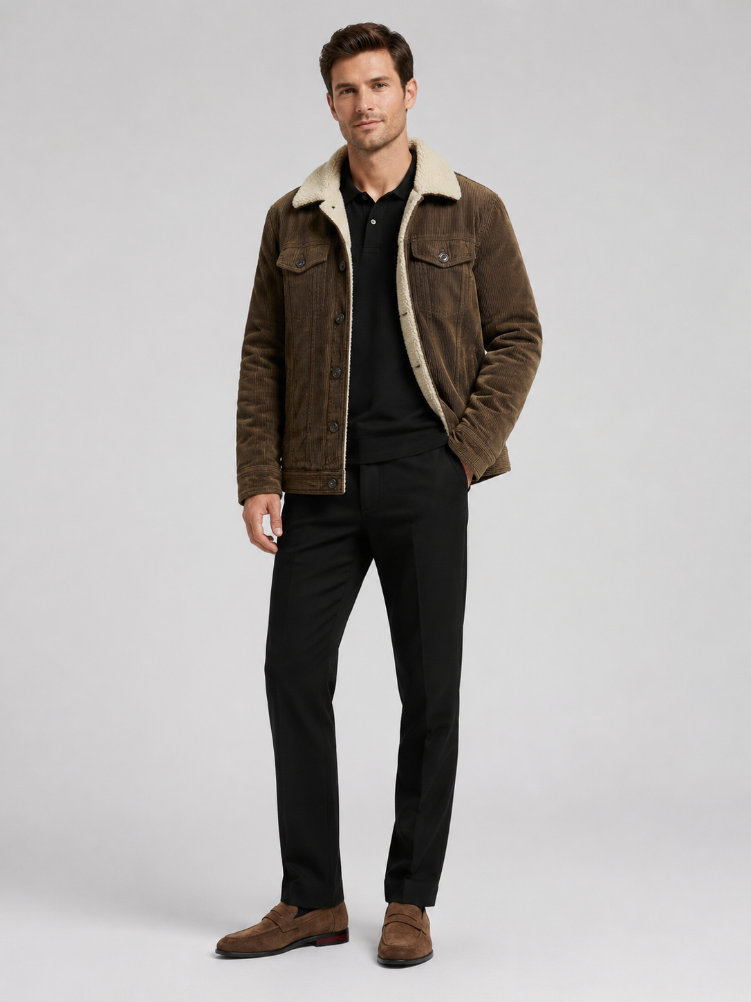 Men's padded corduroy jacket – Brown full view – Edward & Lawsen