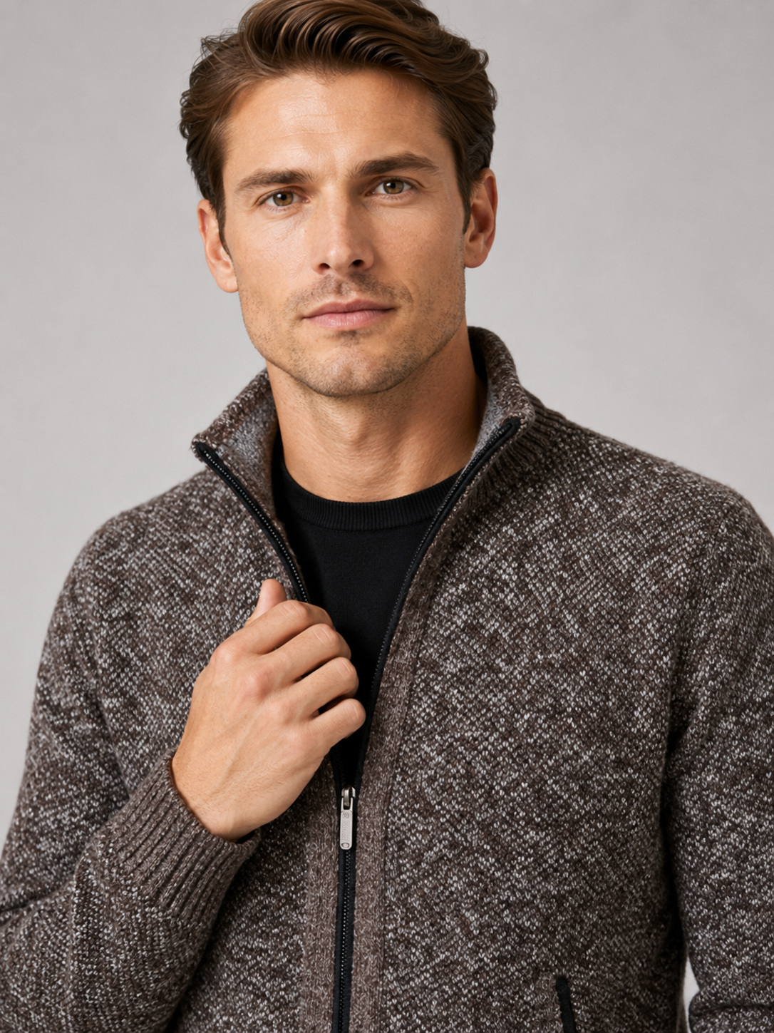Men's fleece cardigan – Brown detail view – Edward & Lawsen