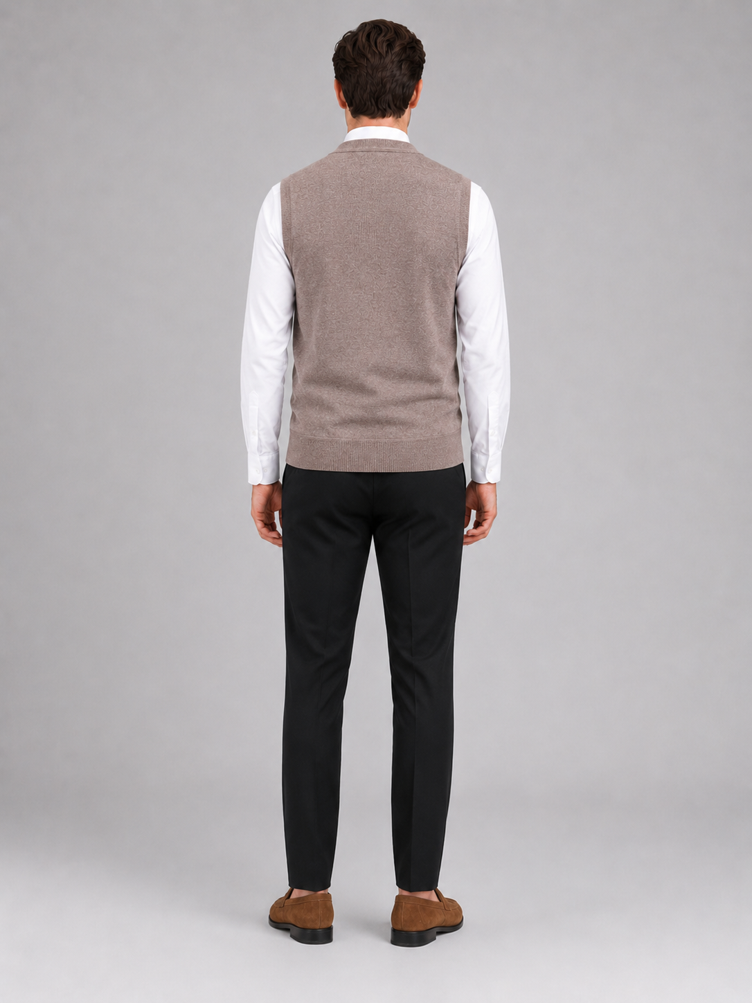 Men's fleece button-front vest – Brown back view – Edward & Lawsen