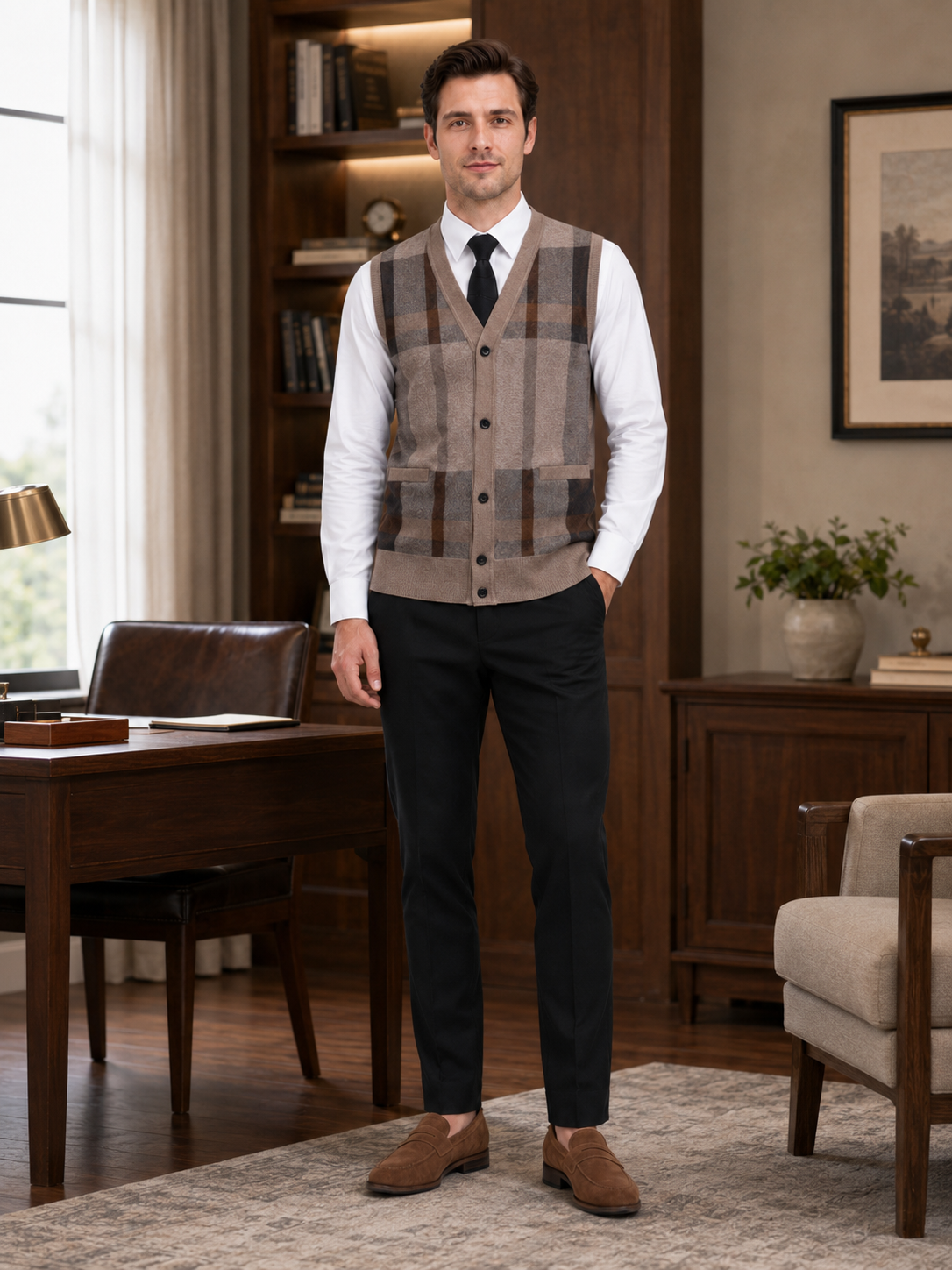 Men's fleece button-front vest – Brown lifestyle view – Edward & Lawsen