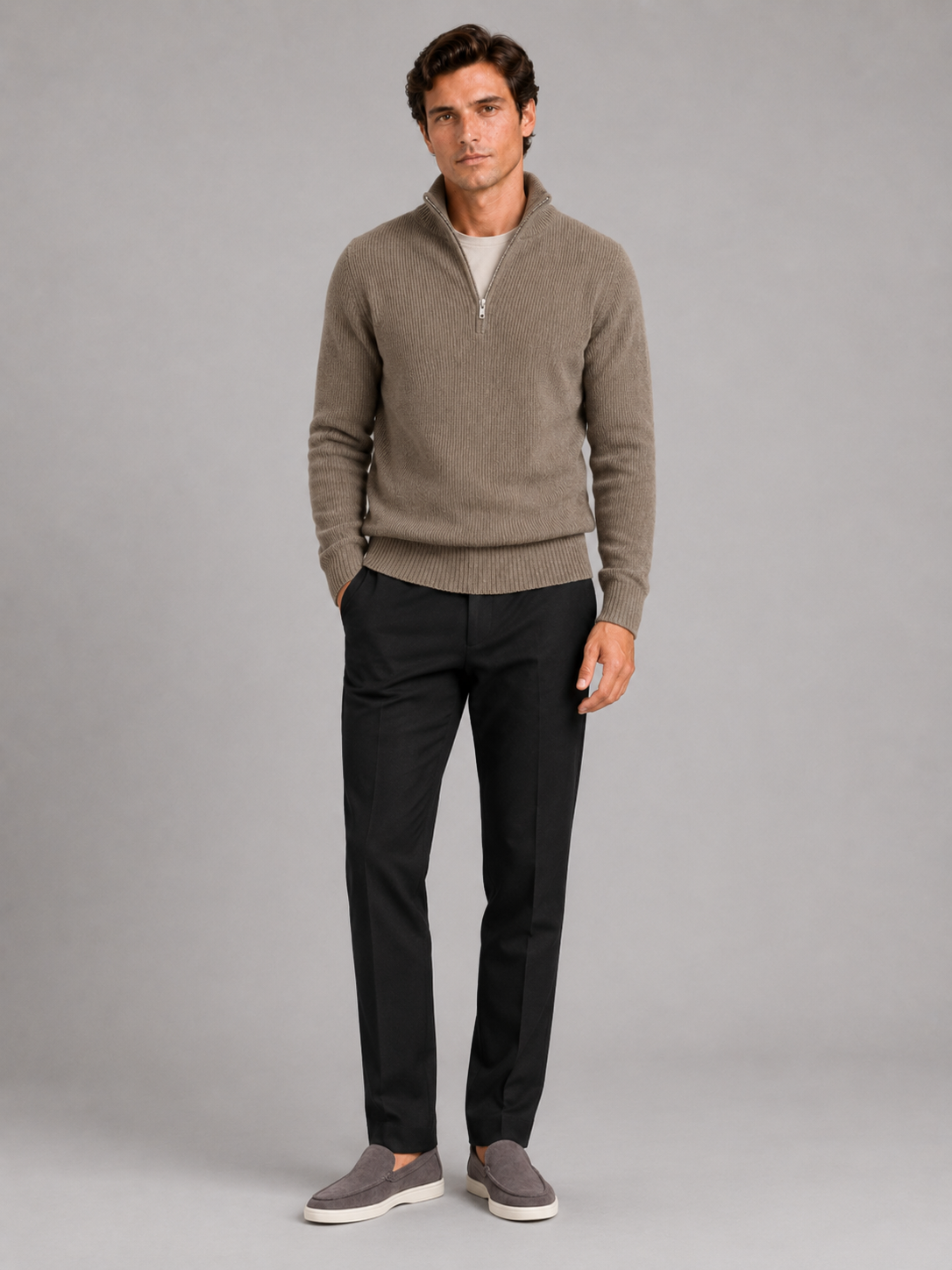 Men's half zip sweater – Brown full view – Edward & Lawsen