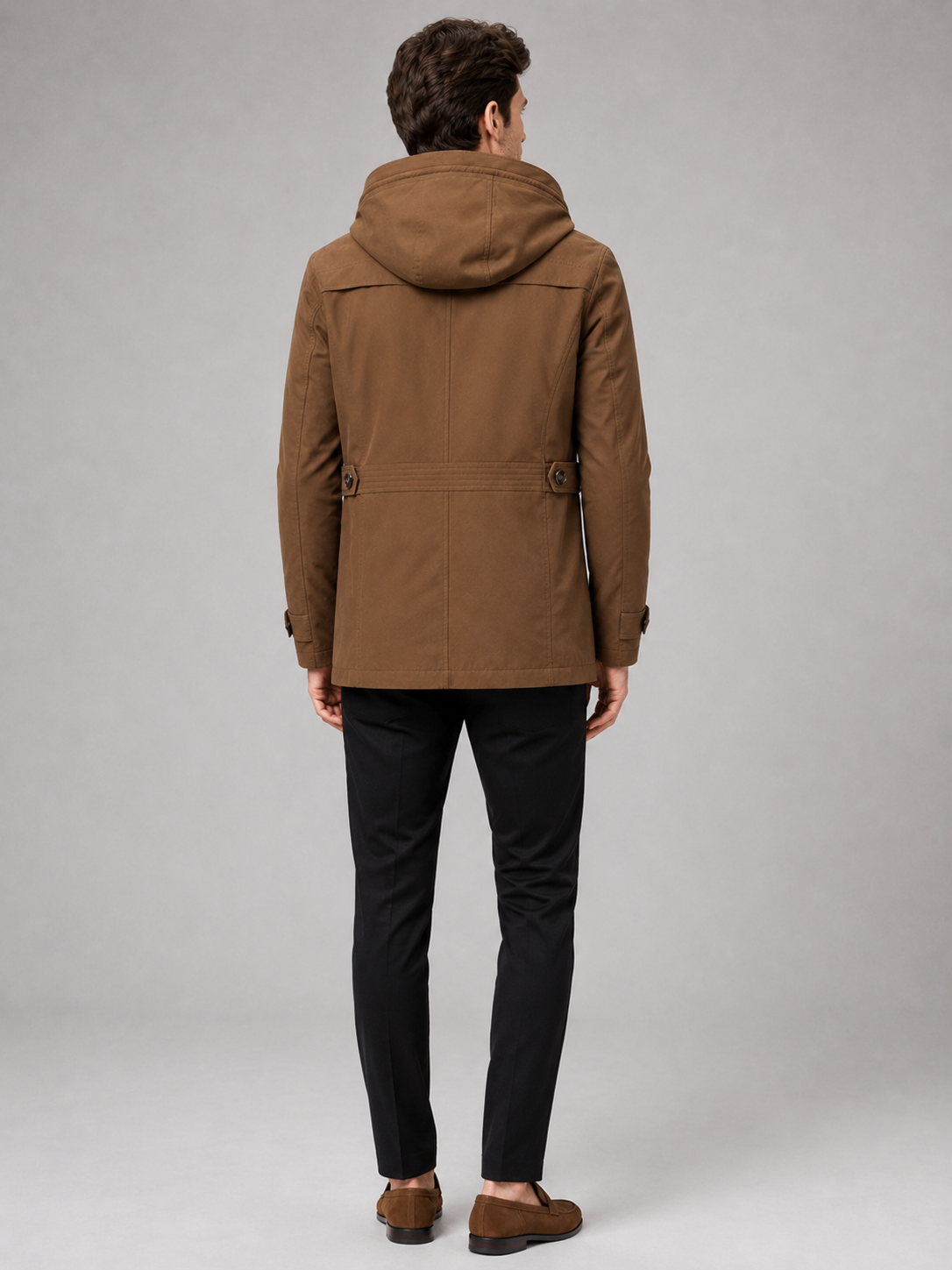 Men's hooded cotton trench coat – Brown back view – Edward & Lawsen