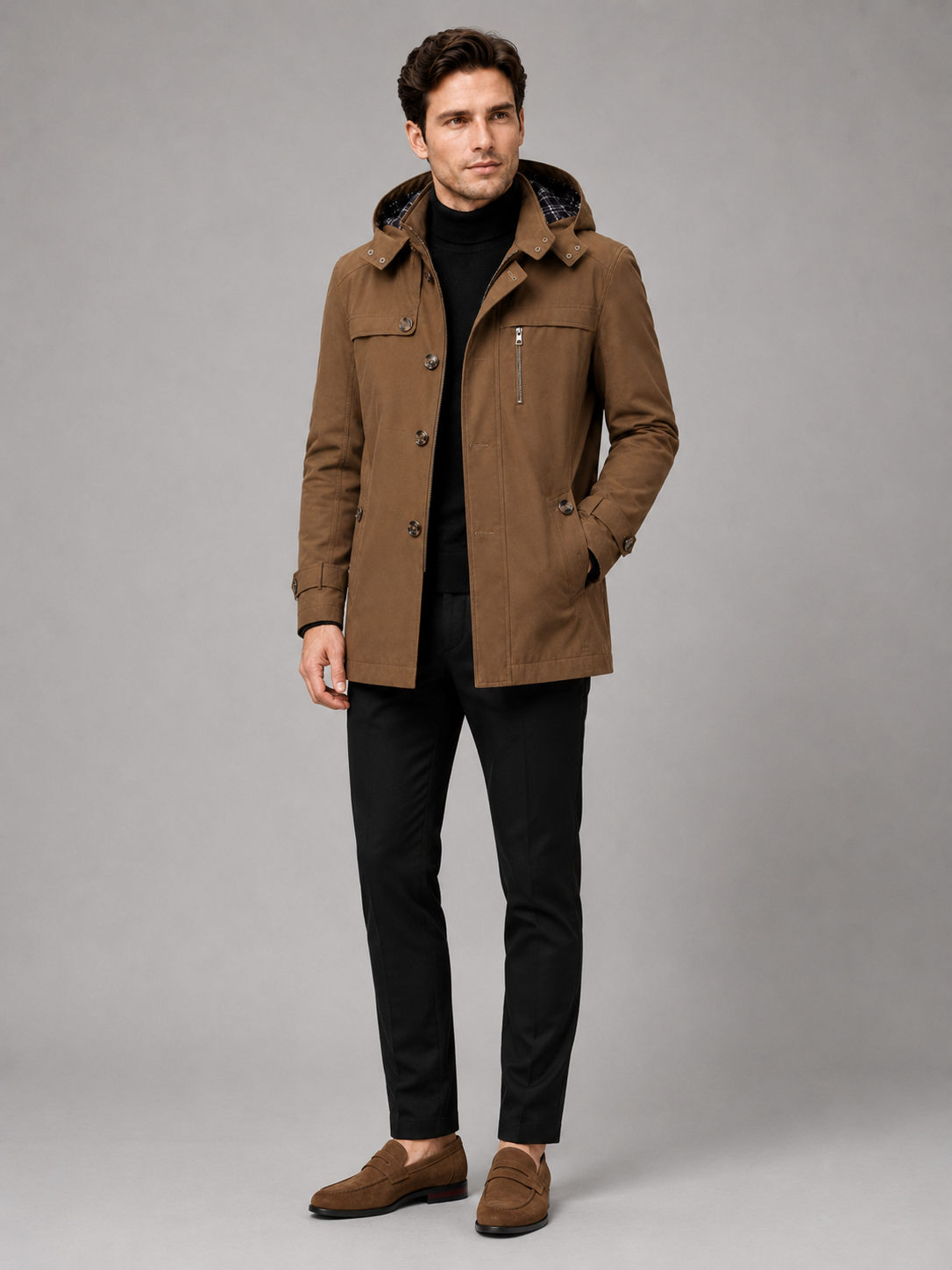 Men's hooded cotton trench coat – Brown full view – Edward & Lawsen