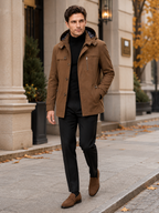 Men's hooded cotton trench coat – Brown lifestyle view – Edward & Lawsen