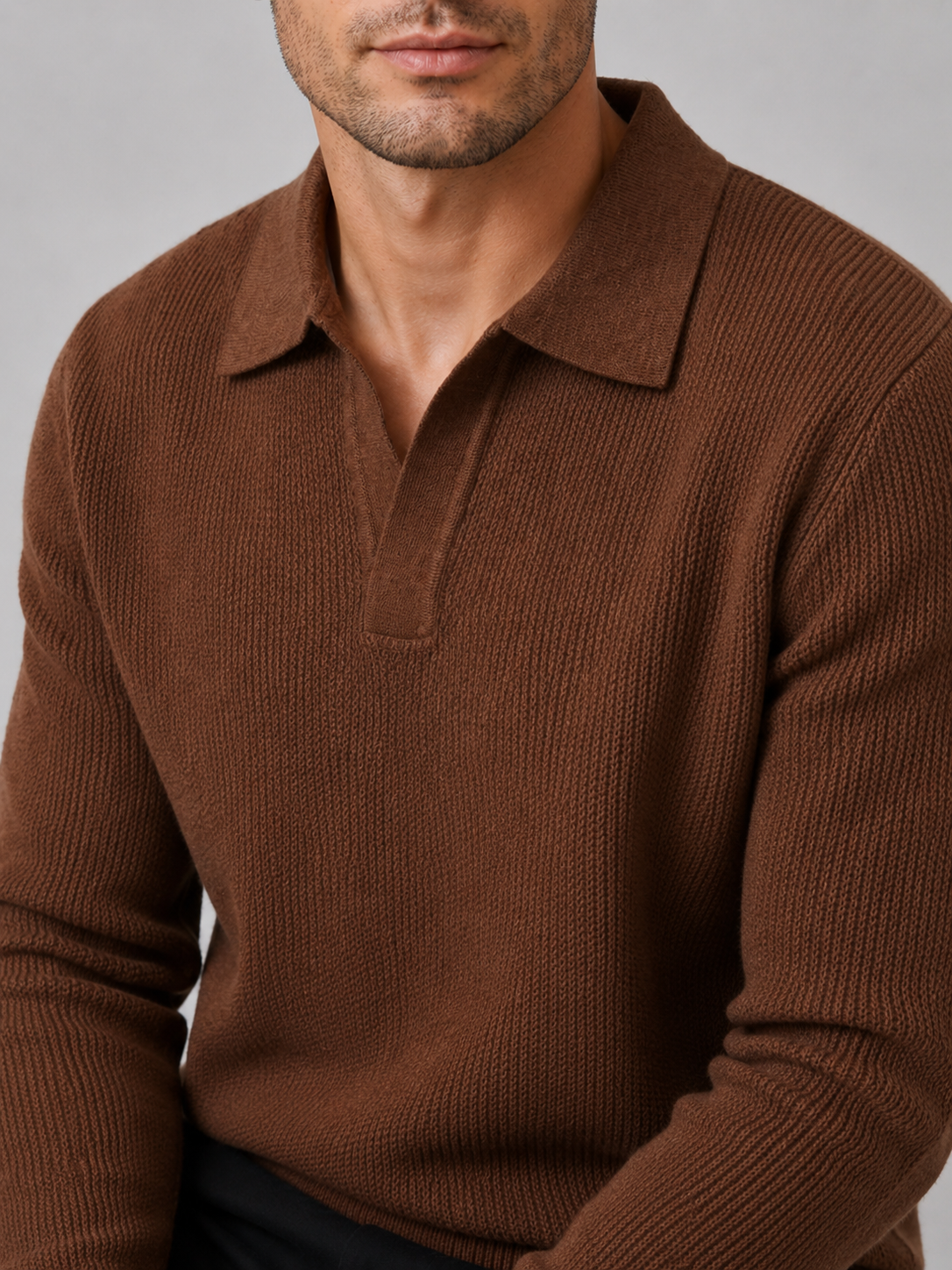 Men's Johnny collar sweater – Brown detail view – Edward & Lawsen