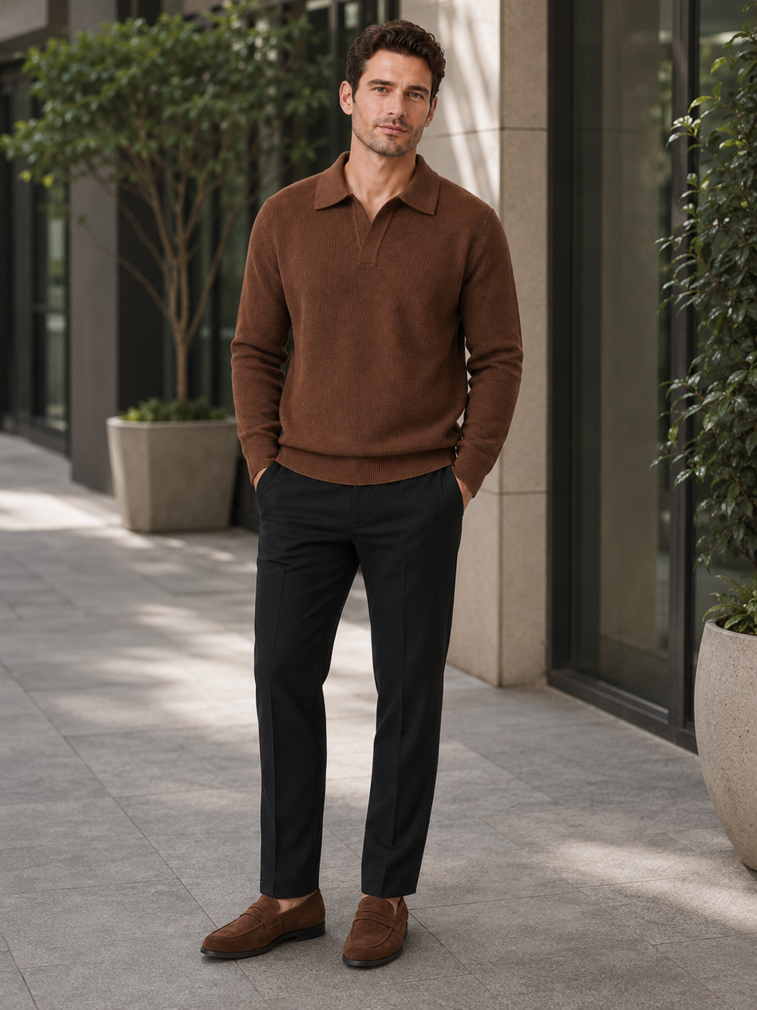 Men's Johnny collar sweater – Brown lifestyle view – Edward & Lawsen