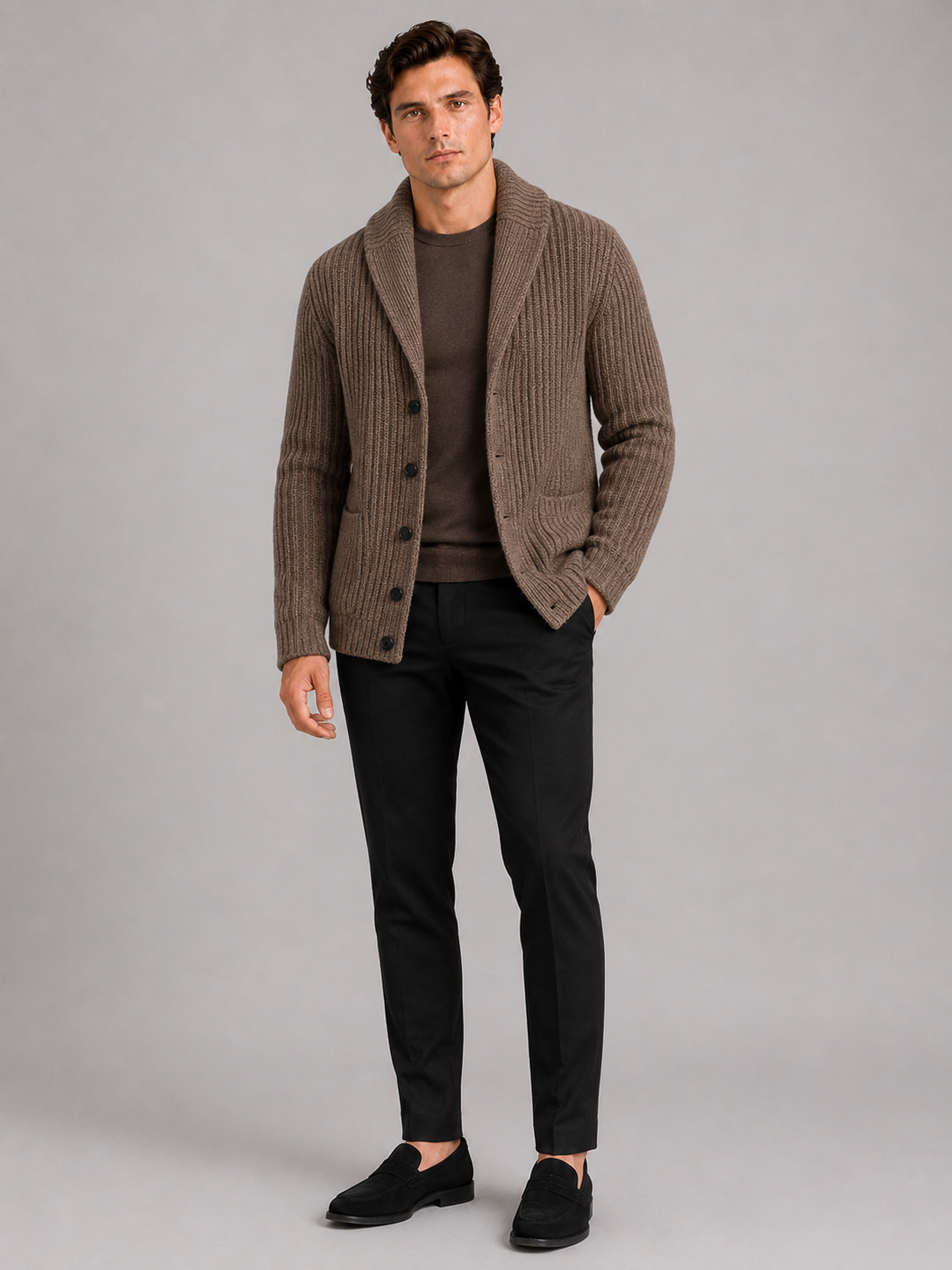 Men's knit cardigan – Brown full view – Edward & Lawsen