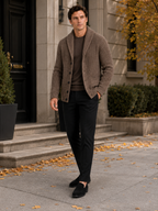 Men's knit cardigan – Brown lifestyle view – Edward & Lawsen