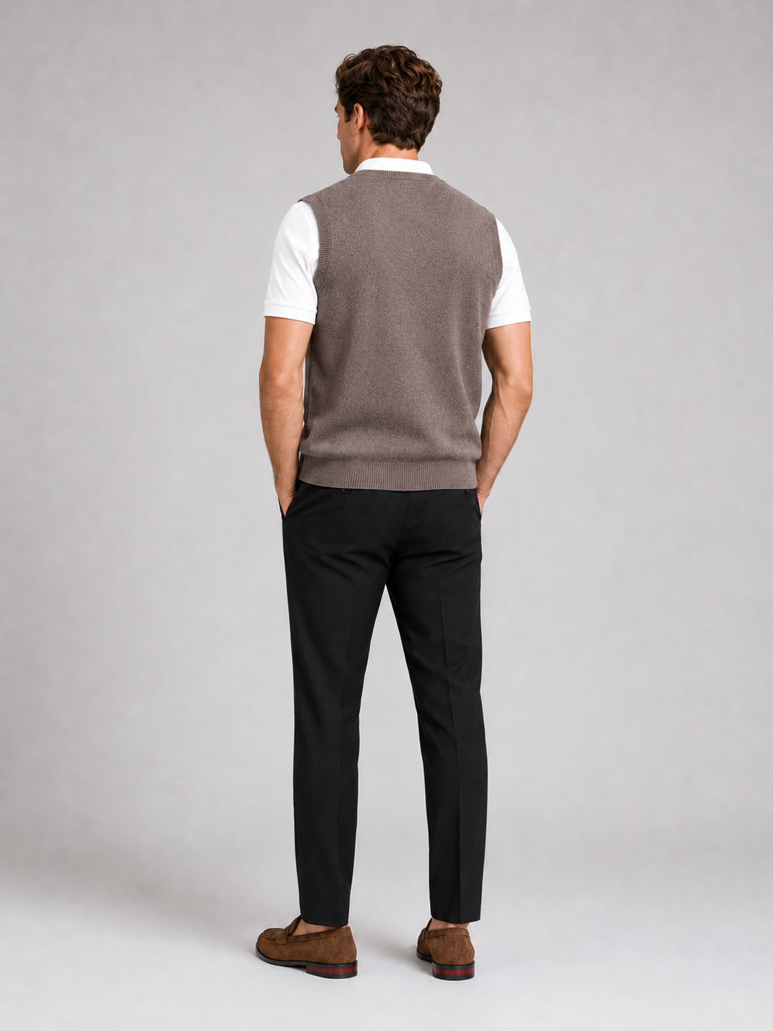 Men's knit sweater vest – Brown back view – Edward & Lawsen