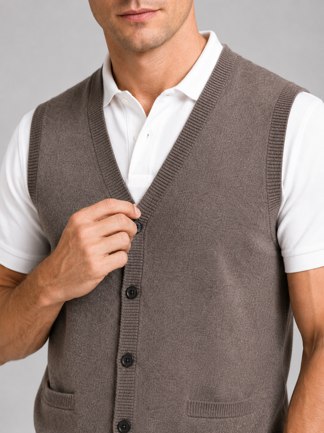 Men's knit sweater vest – Brown detail view – Edward & Lawsen