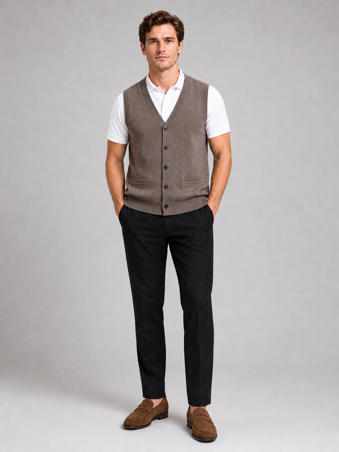 Men's knit sweater vest – Brown full view – Edward & Lawsen