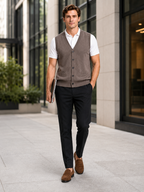 Men's knit sweater vest – Brown lifestyle view – Edward & Lawsen