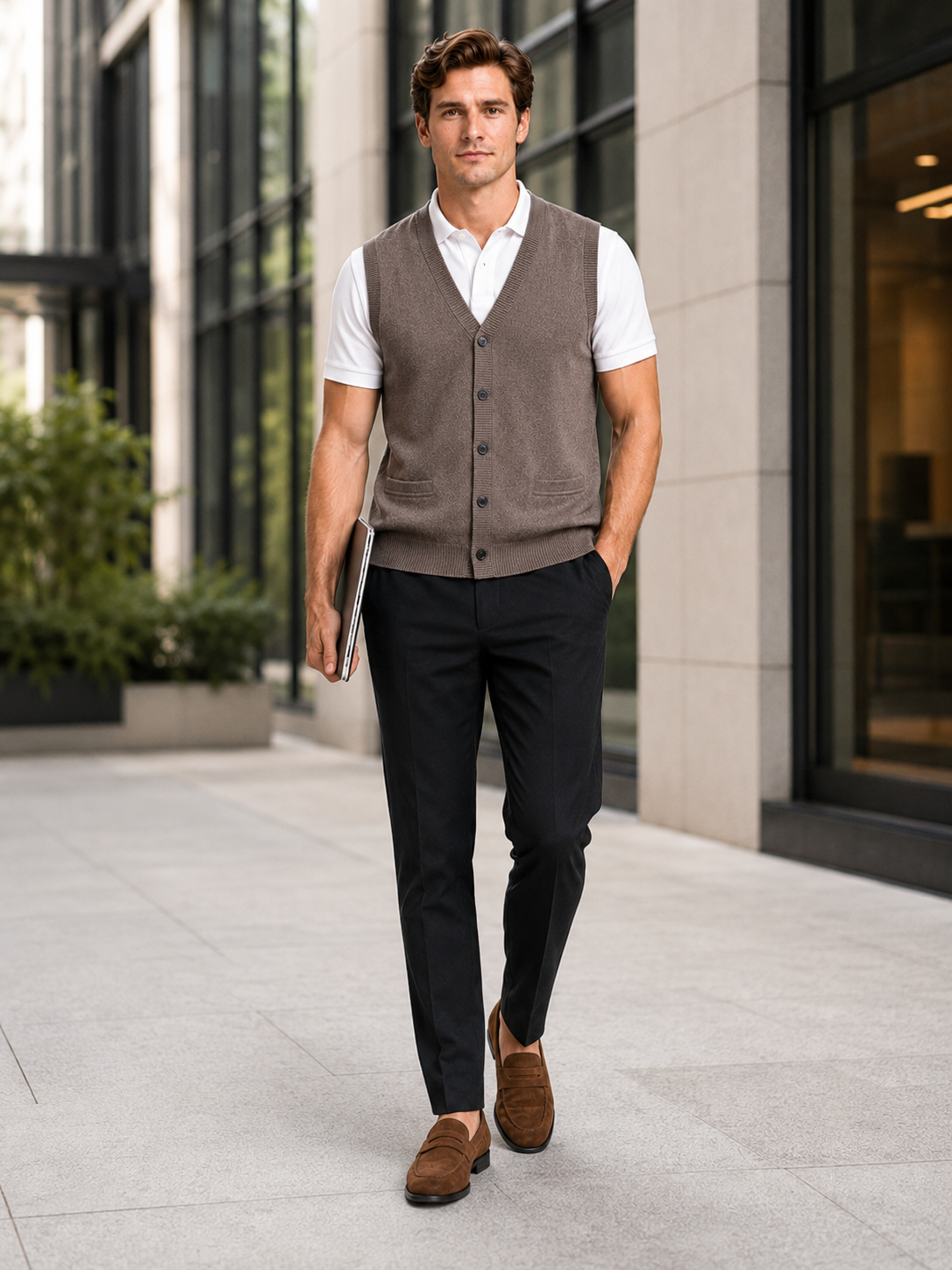 Men's knit sweater vest – Brown lifestyle view – Edward & Lawsen
