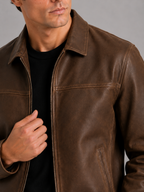 Men's leather flight jacket – Brown detail view – Edward & Lawsen