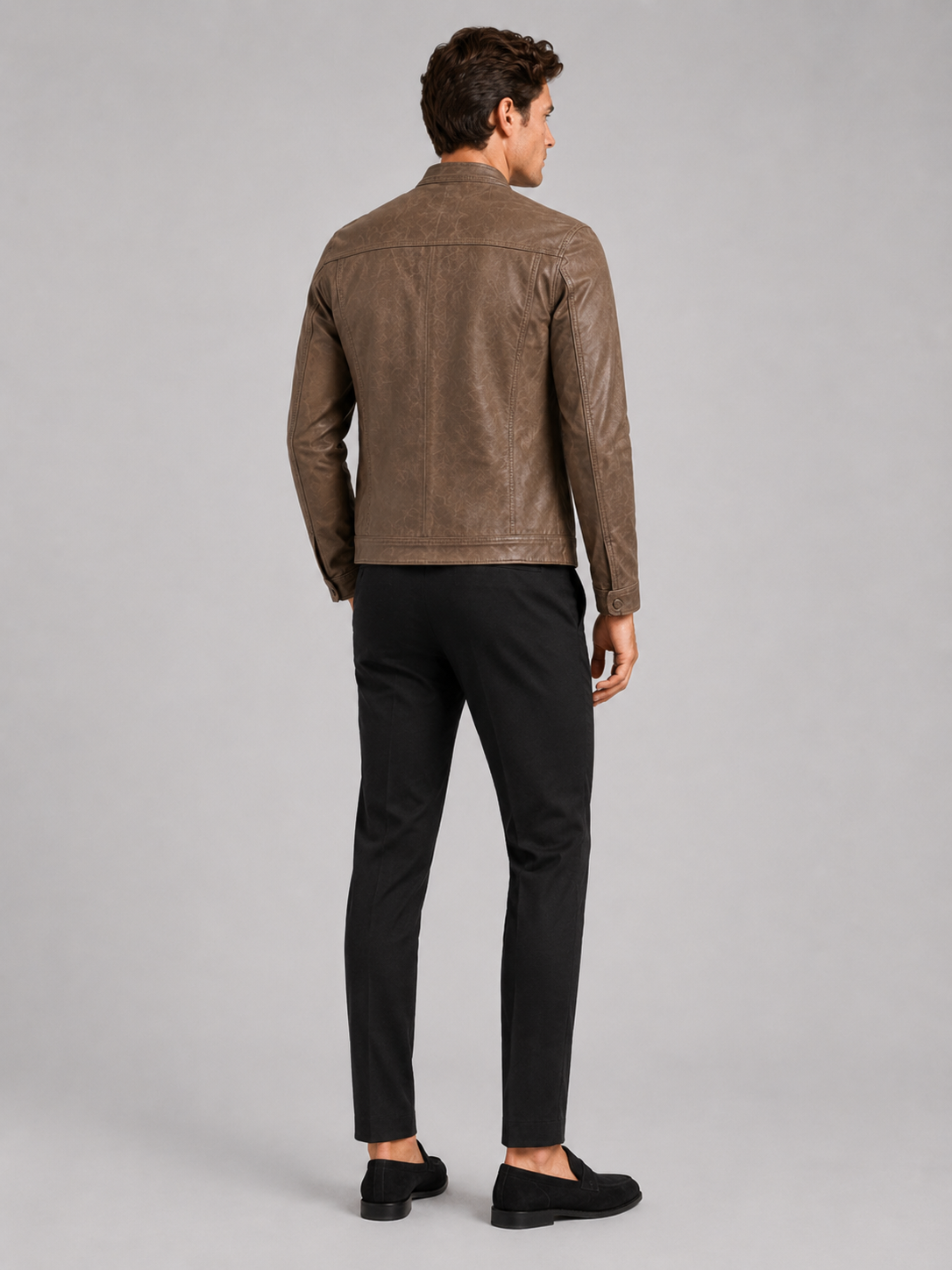 Men's leather moto jacket – Brown back view – Edward & Lawsen