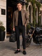 Men's leather moto jacket – Brown lifestyle view – Edward & Lawsen