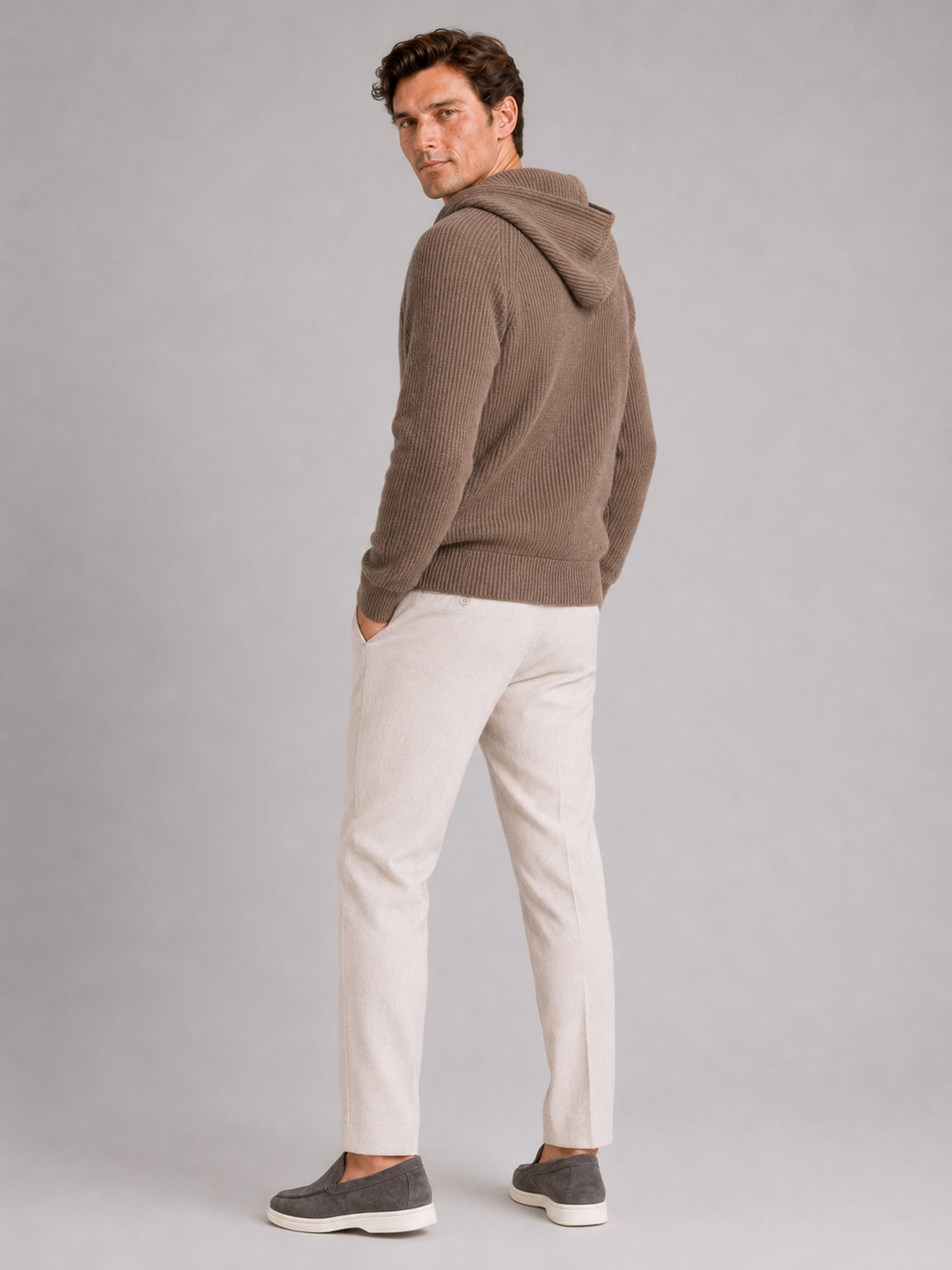 Men's merino wool zip hoodie cardigan – Brown back view – Edward & Lawsen