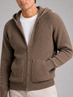 Men's merino wool zip hoodie cardigan – Brown detail view – Edward & Lawsen