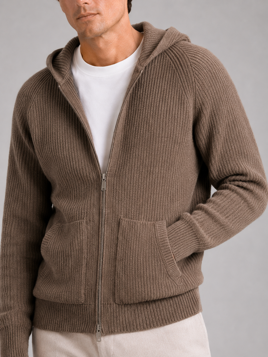 Men's merino wool zip hoodie cardigan – Brown detail view – Edward & Lawsen