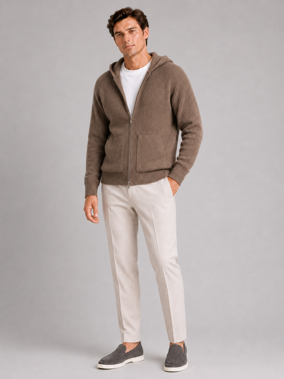 Men's merino wool zip hoodie cardigan – Brown full view – Edward & Lawsen