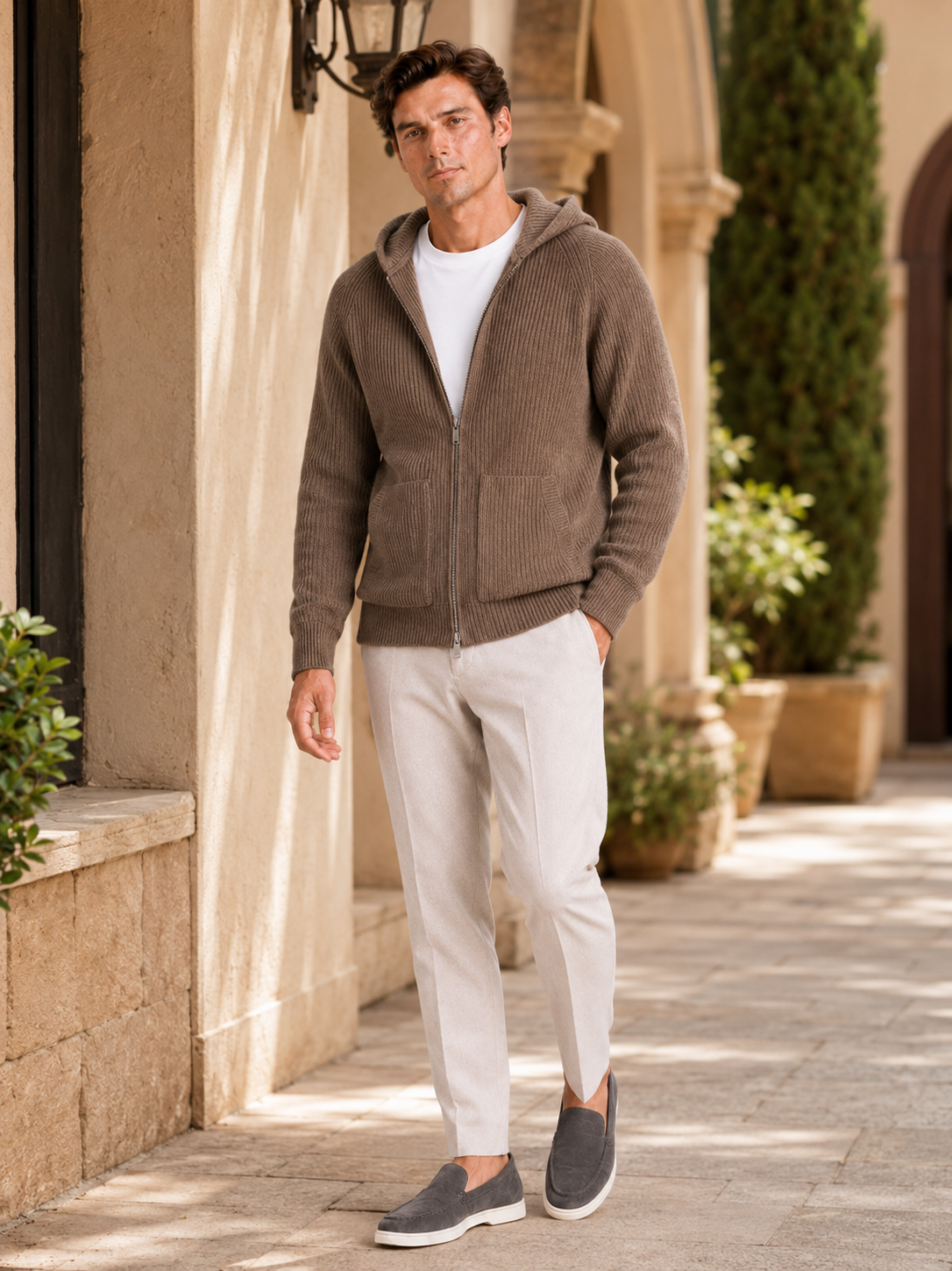 Men's merino wool zip hoodie cardigan – Brown lifestyle view – Edward & Lawsen