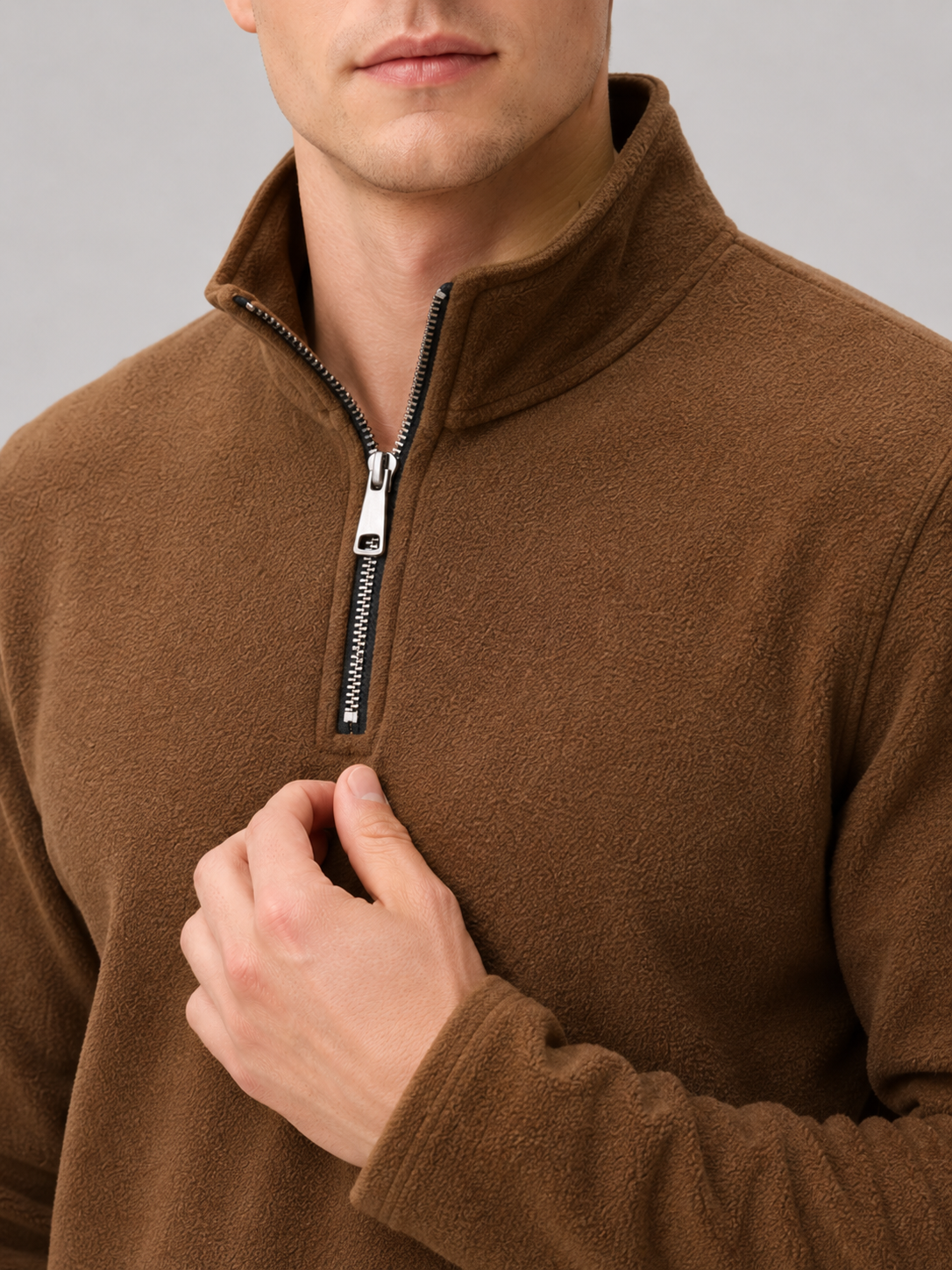 Men's fleece quarter-zip sweater – Brown detail view – Edward & Lawsen