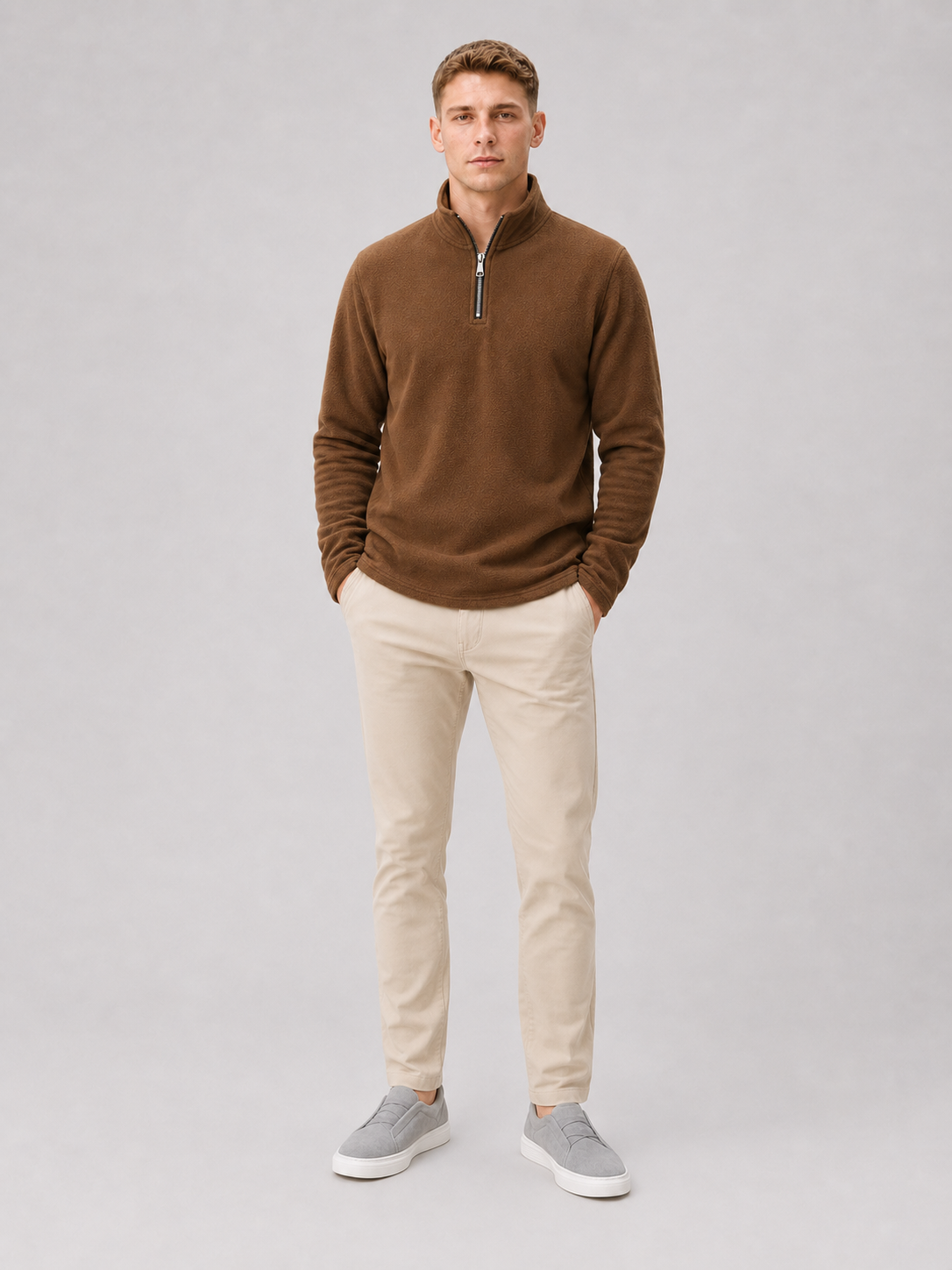 Men's fleece quarter-zip sweater – Brown full view – Edward & Lawsen