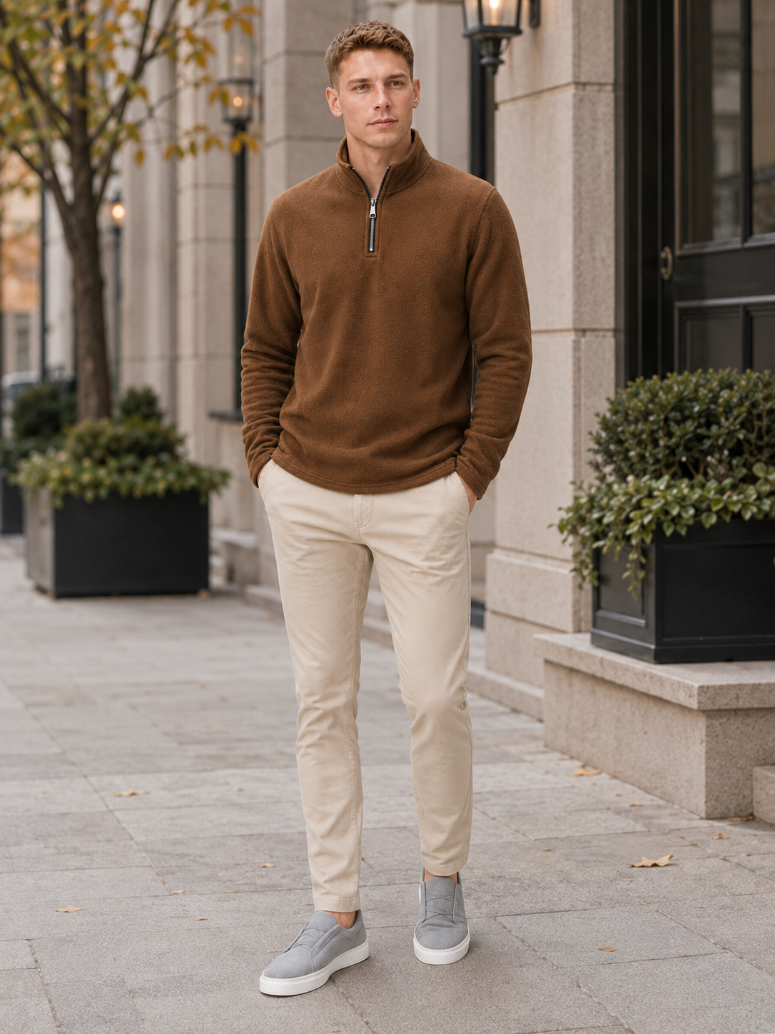 Men's fleece quarter-zip sweater – Brown lifestyle view – Edward & Lawsen