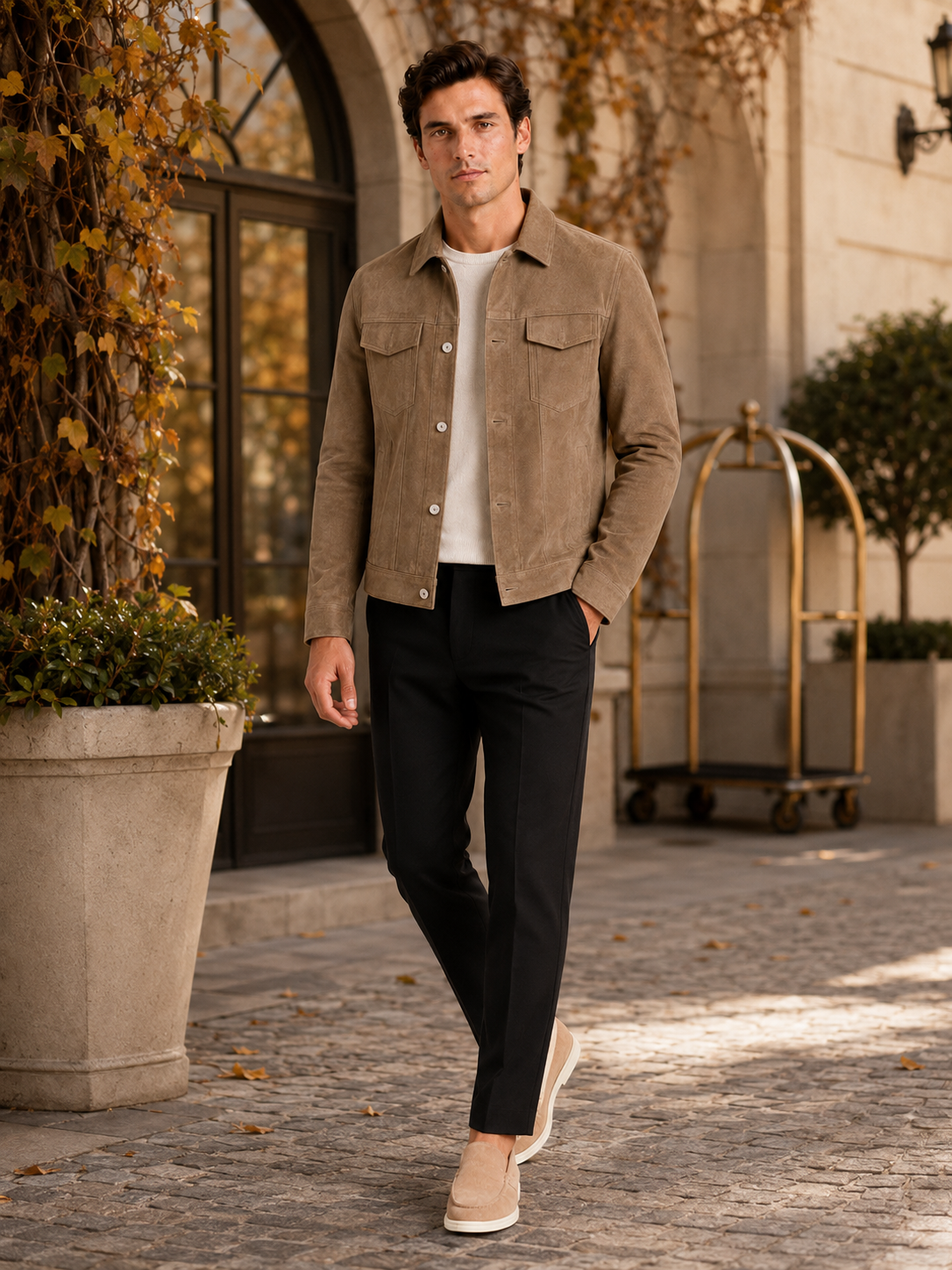 Men's suede fall jacket – Brown lifestyle view – Edward & Lawsen