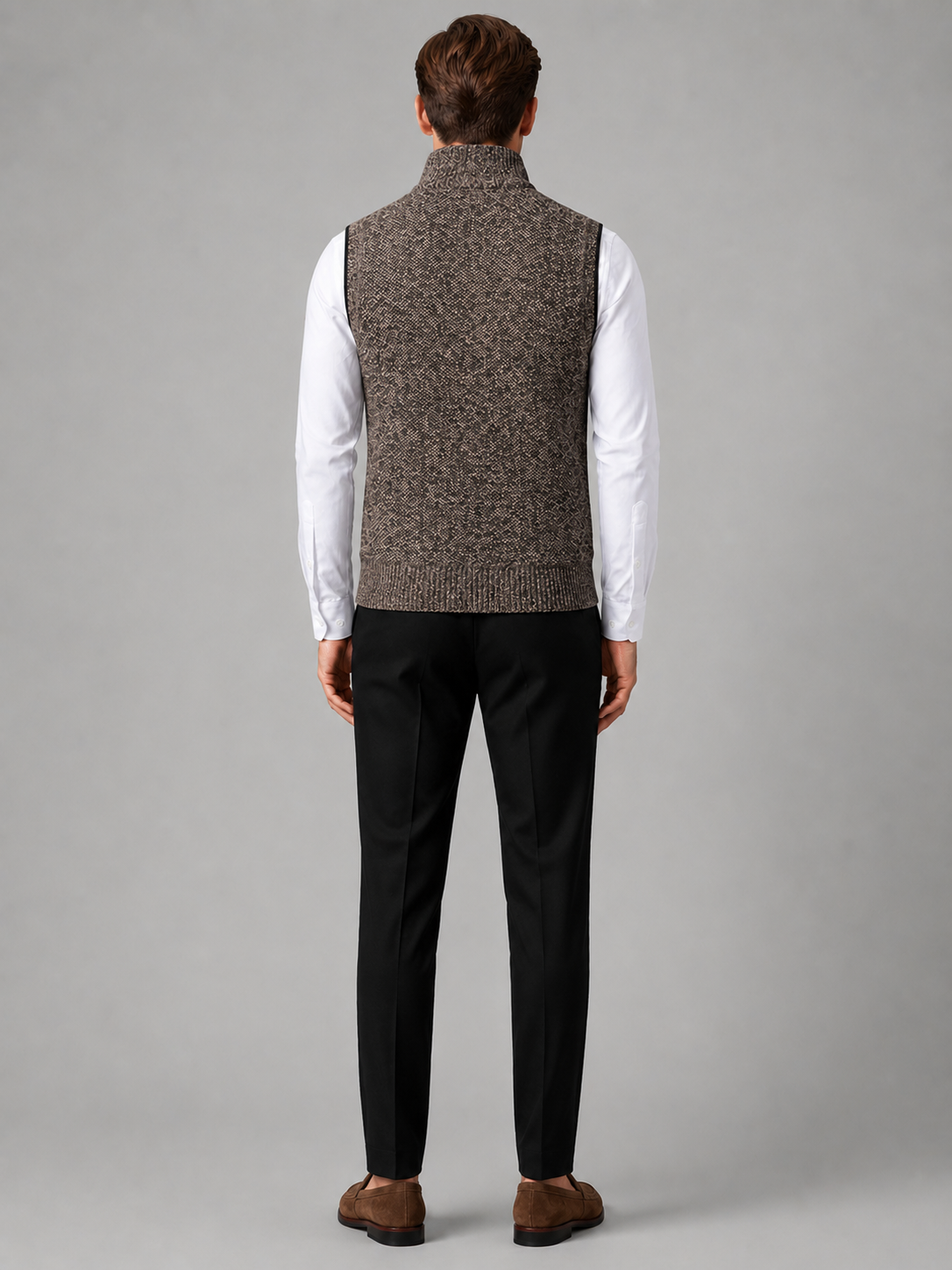 Men's full zip stand collar vest – Brown back view – Edward & Lawsen