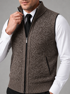Men's full zip stand collar vest – Brown detail view – Edward & Lawsen