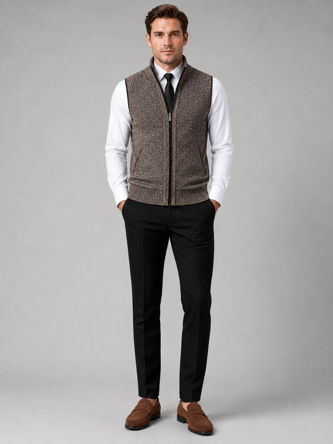Men's full zip stand collar vest – Brown full view – Edward & Lawsen
