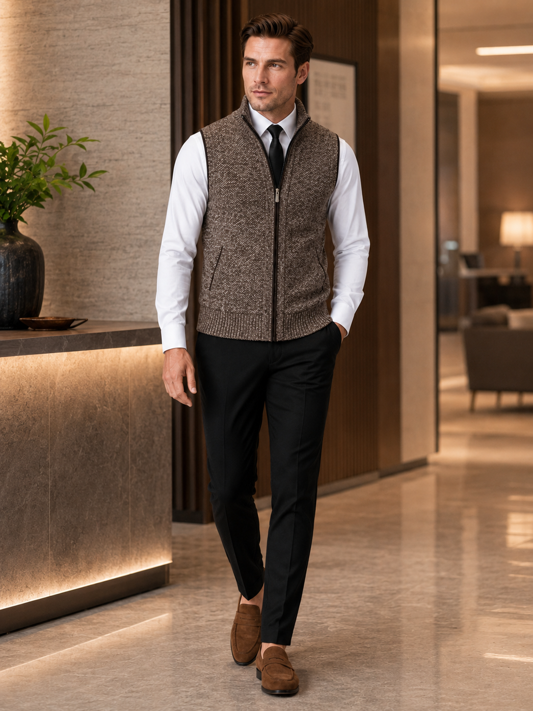 Men's full zip stand collar vest – Brown lifestyle view – Edward & Lawsen