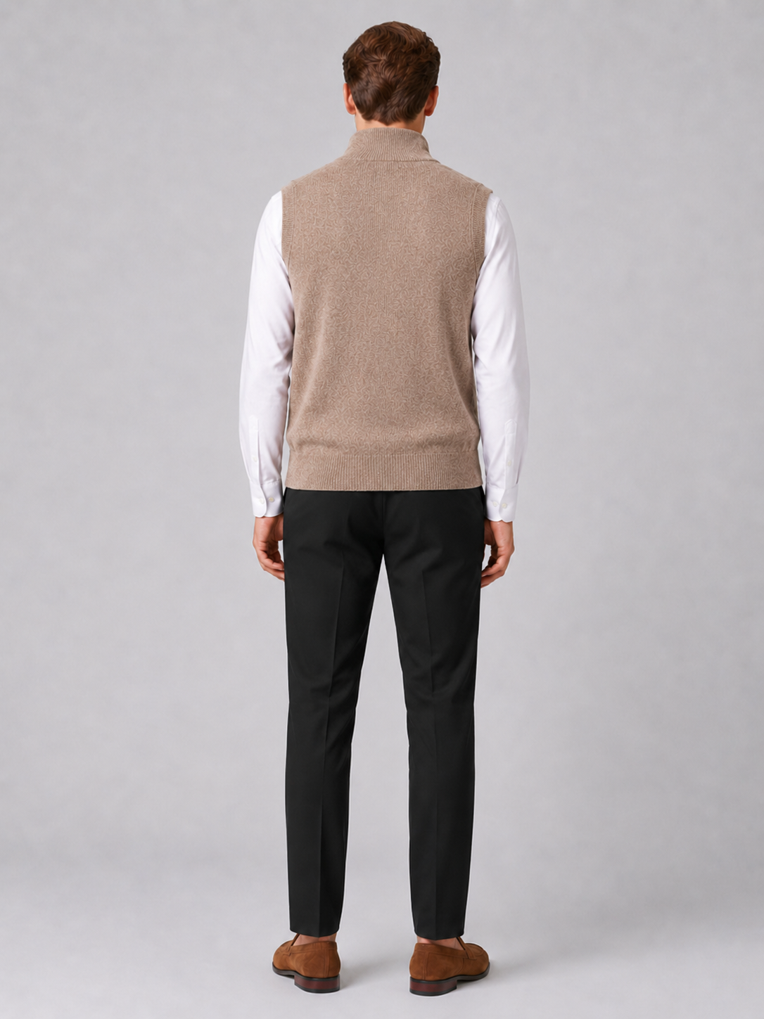 Men's full zip mock neck vest – Brown back view – Edward & Lawsen