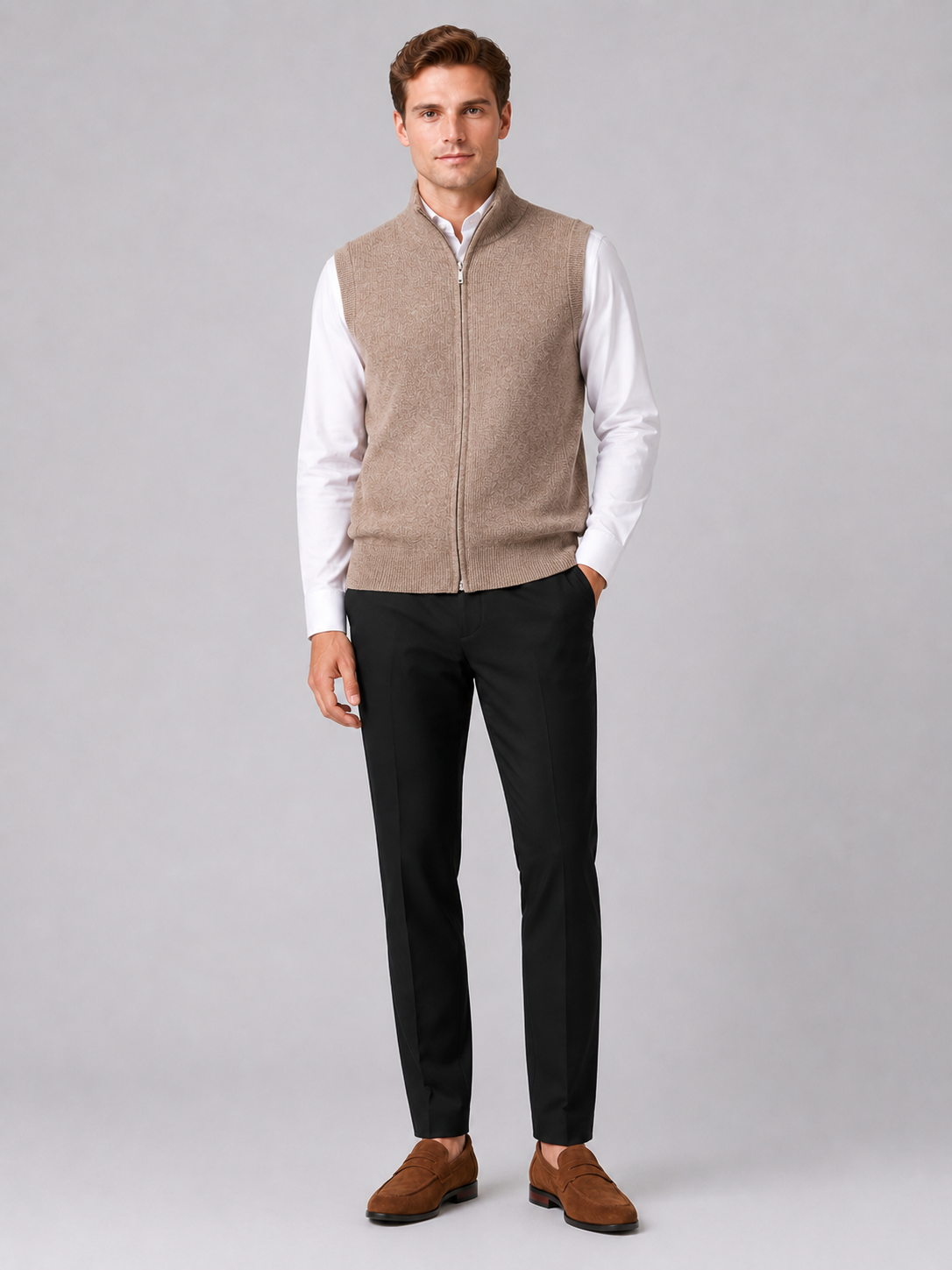 Men's full zip mock neck vest – Brown full view – Edward & Lawsen